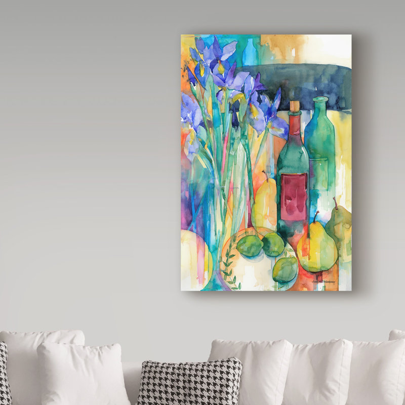 Trademark Art Table Scape With Irises Watercolor Painting Print On Wrapped Canvas Wayfair
