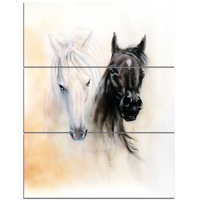 Designart Black And White Horse Heads 3 Piece Painting Print On