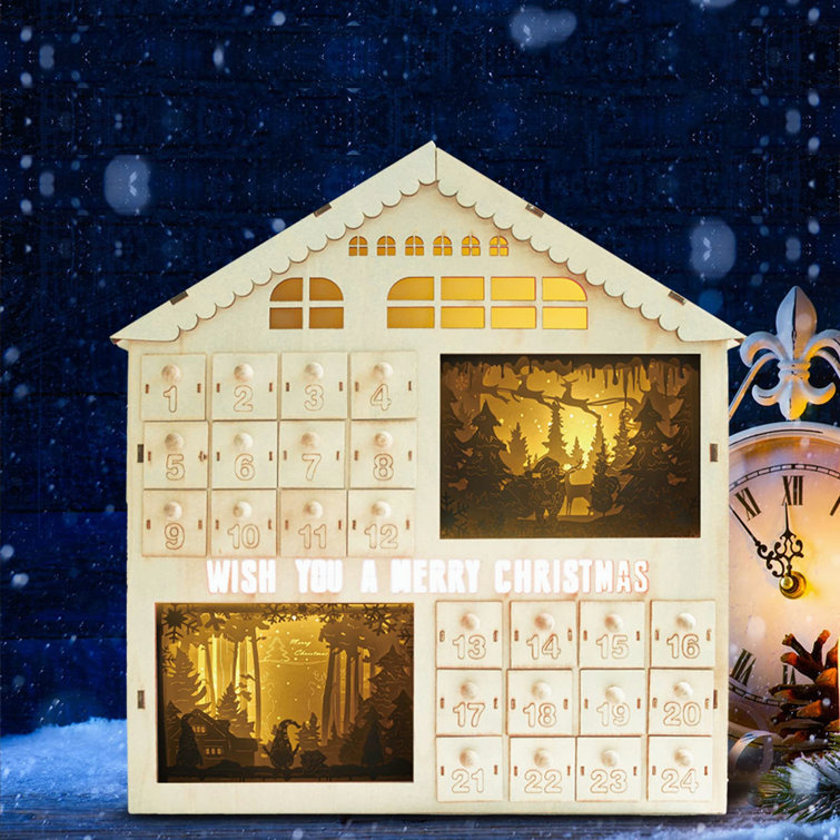 The Holiday Aisle® Christmas Advent Wooden Calendar 2022, Dream House Countdown To Christmas, Led Paper Carving Lamp With 24 Drawers For Diy, Gifts & Crafts | Wayfair