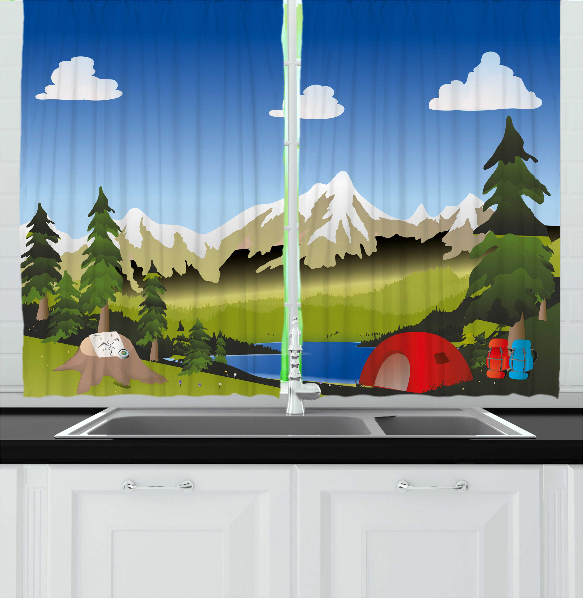 East Urban Home 2 Piece Mountains Camping In The Valley With A Tent Backpacks Compass And Map With A Small Lake Kitchen Curtain Set Wayfair