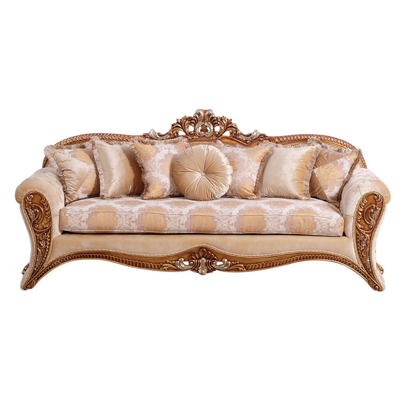 Benjara Fabric Upholstered Carved Wooden Sofa In Baroque Style Gold And Brown Wayfair