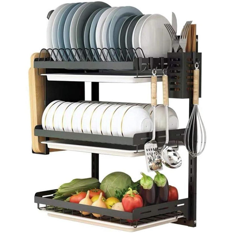 Ctystallove 3 Tier Black Stainless Steel Dish Drying Rack Fruit Vegetable Storage Basket With Drainboard And Hanging Chopsticks Cage Knife Holder Wall ...