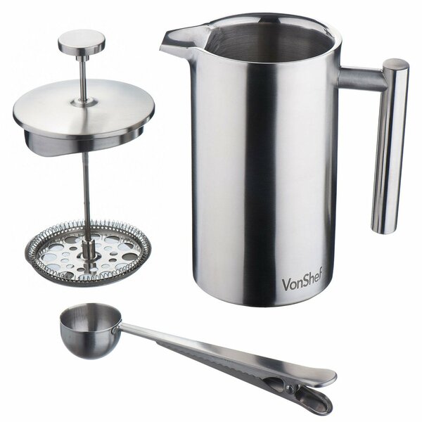 VonShef 12oz 3 Cup French Press Brushed Stainless Steel Double Walled Cafetiere Coffee Maker with Spoon and Filter 
