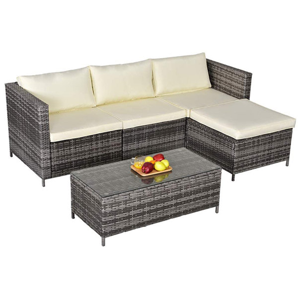 Ebern Designs 5 Pieces Outdoor Patio Furniture Set All Weather Outdoor Small Sectional Patio Sofa Set Wicker Rattan Patio Sofa Couch Conversation Set W Ottoman Grey Washable Cushions Grey Wicker Wayfair