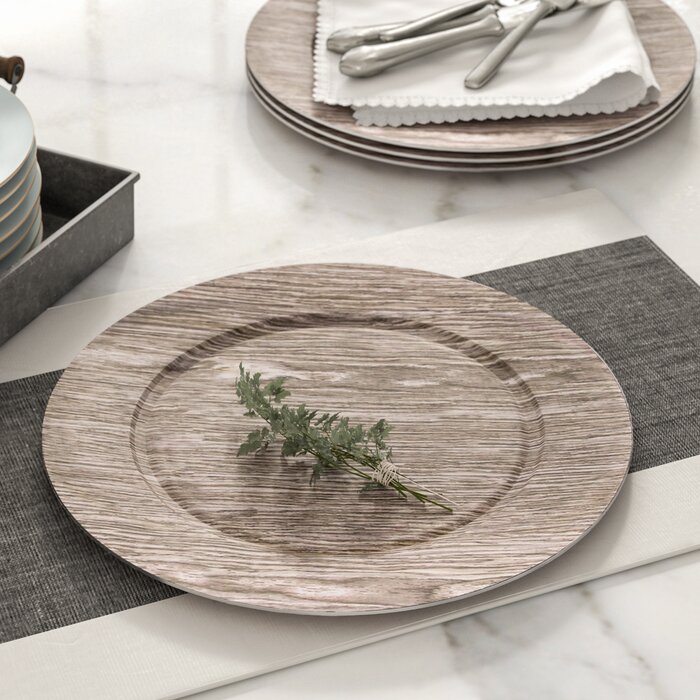 Rustic Distressed Farmhouse Faux Wood 13 in Charger Plates in Gray Finish Pack of 4