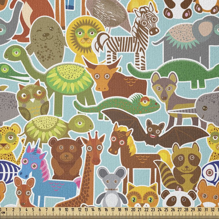 East Urban Home Ambesonne Animals Fabric By The Yard, Various Kinds Of  Wildlife Animals On A Blue Background Cartoon Zoo,Square | Wayfair