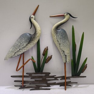 Cast Iron Antique Green Finish 28" and 24" High Egrets Pair 