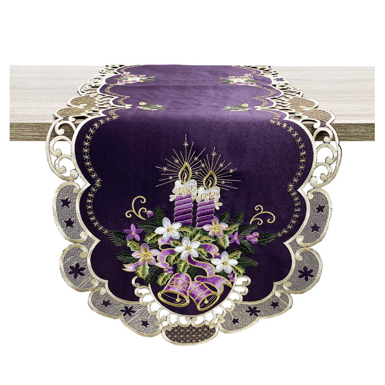 Christmas Embroidered Purple Candle Cut Work Lace Table Runner 33x15" C09 
