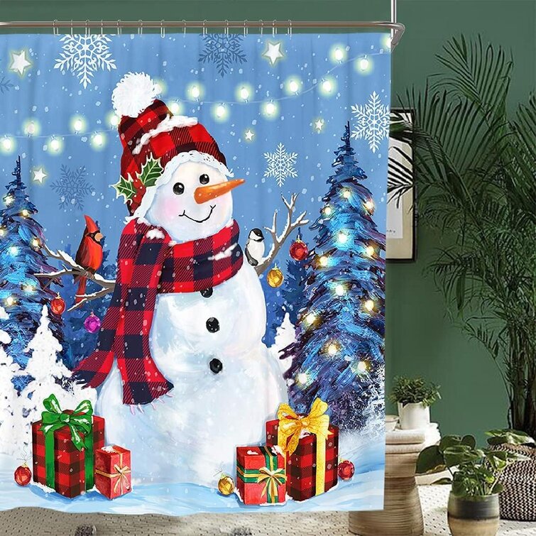 Christmas Snowman Fabric Waterproof Bathroom Shower Curtain Set With 12pcs Hook 