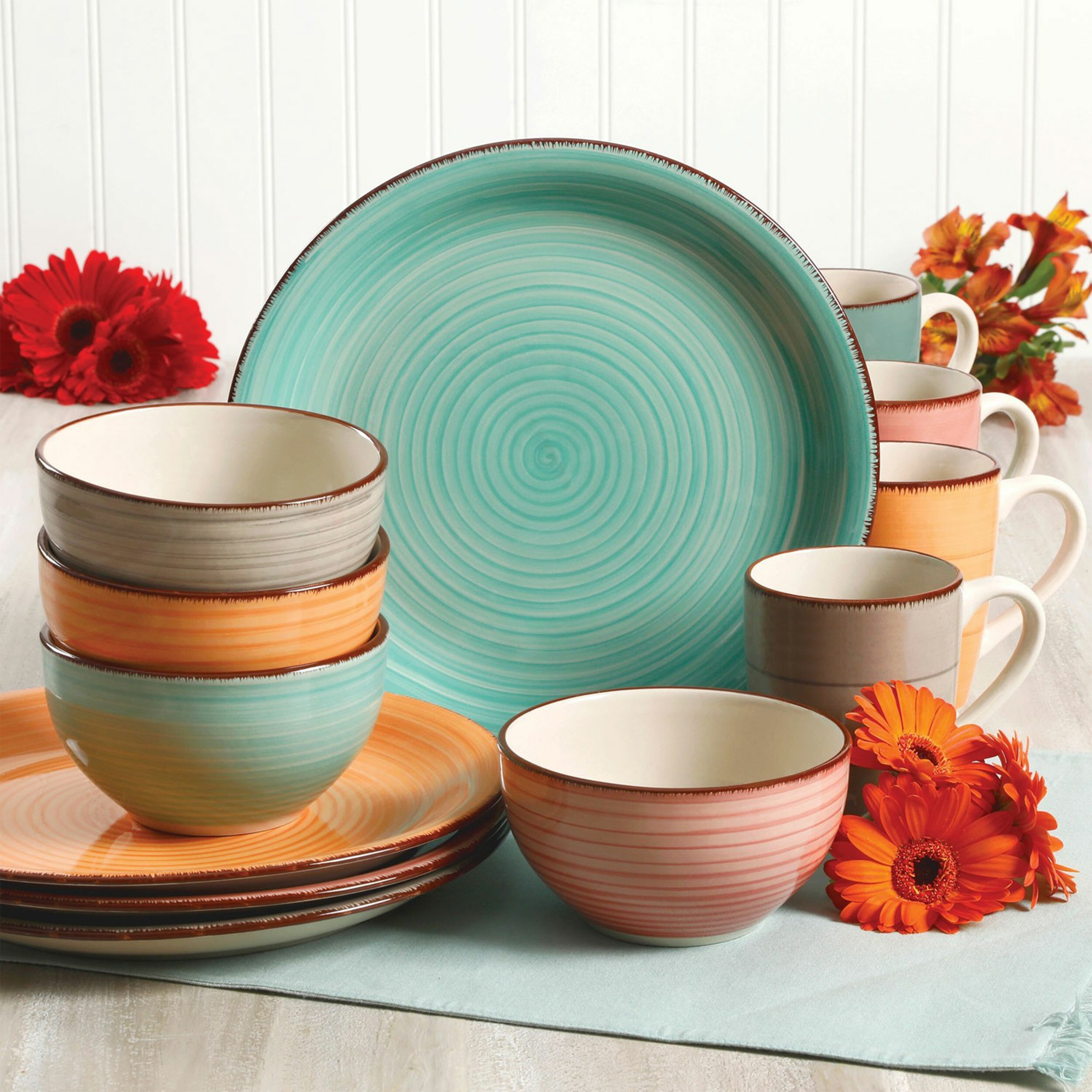 Colorful Dinnerware Set 12-Piece Stoneware Plates Kitchen Dish Bowl Hand Painted