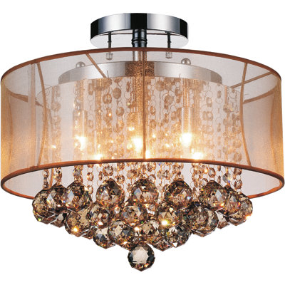 16-Inch 6 Light Flush Mount Crystal Chandelier Compact Ceiling Light Fixture with Sparkling Crystal and Shade
