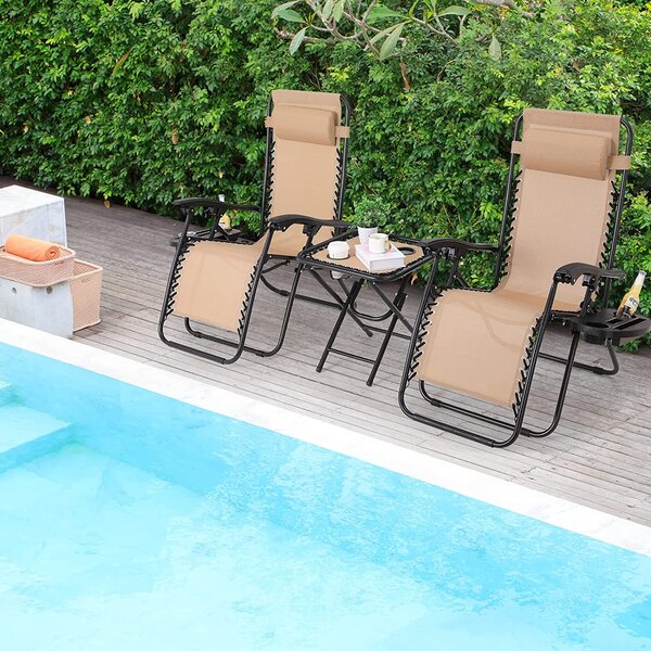 3pcs Folding Zero Gravity Reclining Lounge Chair Outdoor Beach Patio with Tray 