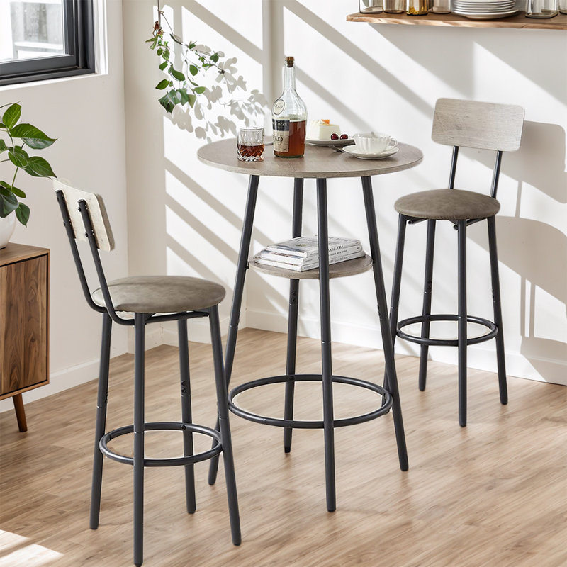 3-Piece Bar Table Set for 2, 2-Tier Round Bistro Dining Table & PU Stools, Counter Height Table Table Top Color: Gray, Chair Color: Black/Gray