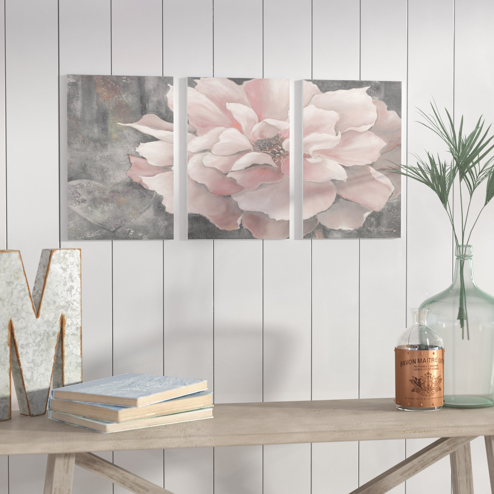 Wall wooden hanging plaque//picture Fresh Flowers in the vase Rustic Red Peony