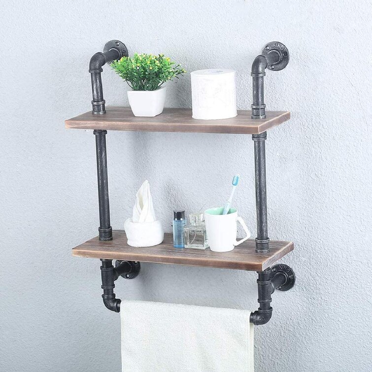 Industrial Bathroom Shelves Wall Mounted,Rustic Pipe Shelving Wood Shelf with Towel Bar,19.68in Farmhouse Towel Rack,Metal Floating Shelves Towel Holder,Iron Distressed Shelf Over Toilet 2 Tier