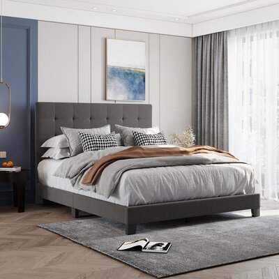 Queen Size Upholstered Platform Bed With Classic Headboard