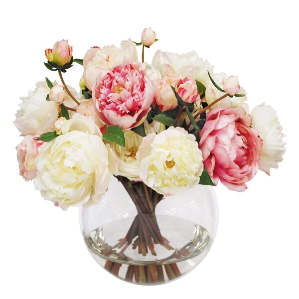 D & W Silks 174036 Large Peonies in Glass Vase White/Green/Clear 