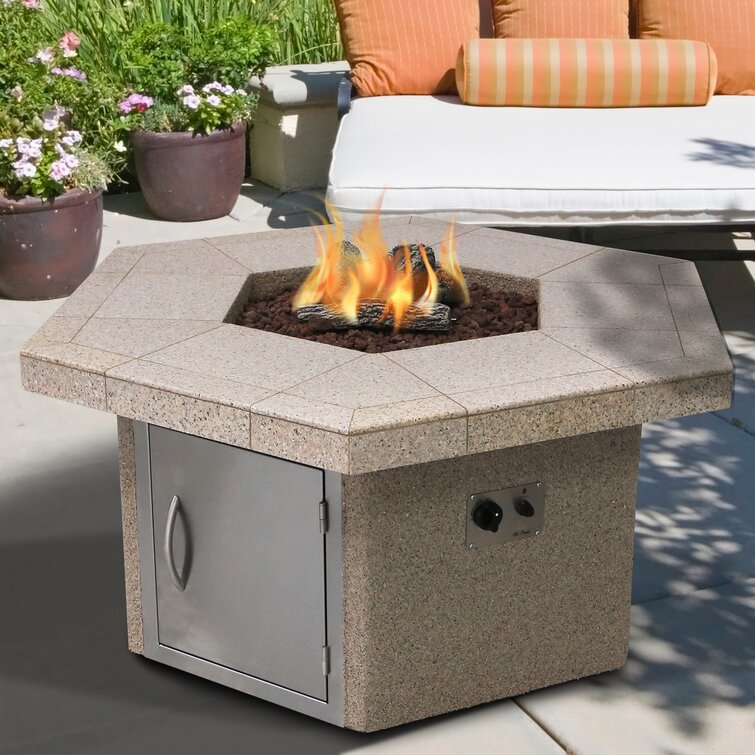 Cal Flame Stucco and Tile Hexagon Steel Propane/Natural Gas Fire Pit Table  | Wayfair