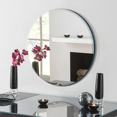 Frameless Beveled Round Bathroom Mirror for Wall