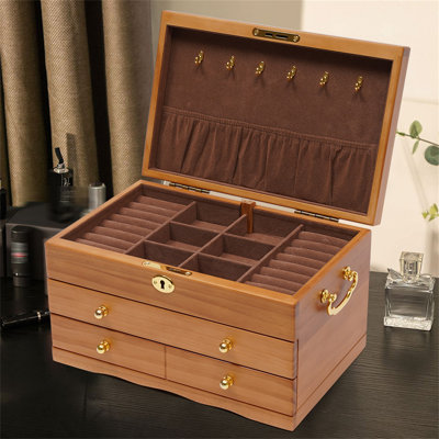 3 Layers Wooden Jewelry Storage Display Boxes With Lock (With Hooks)