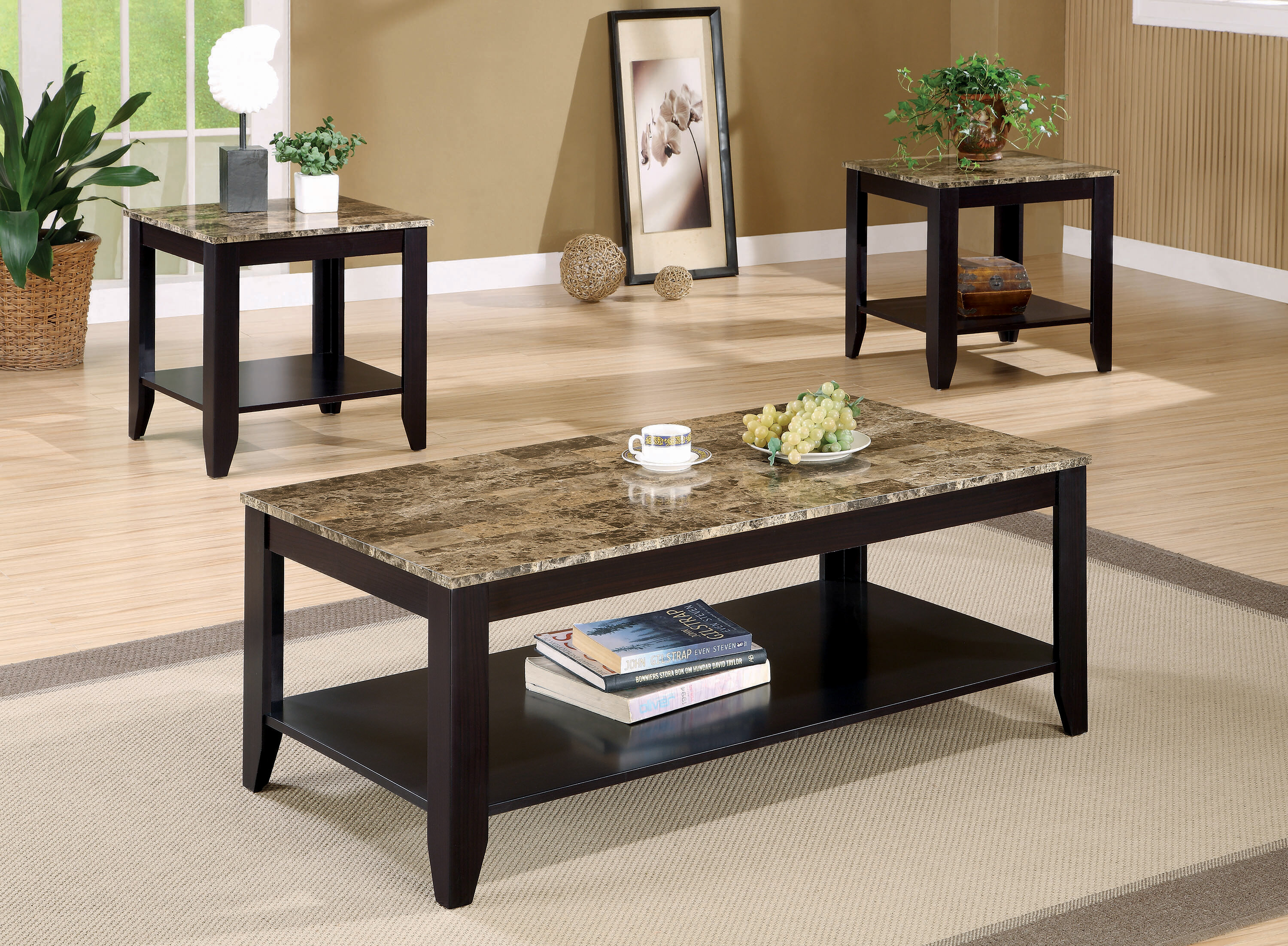 3pc coffee table and end tables set with marble top