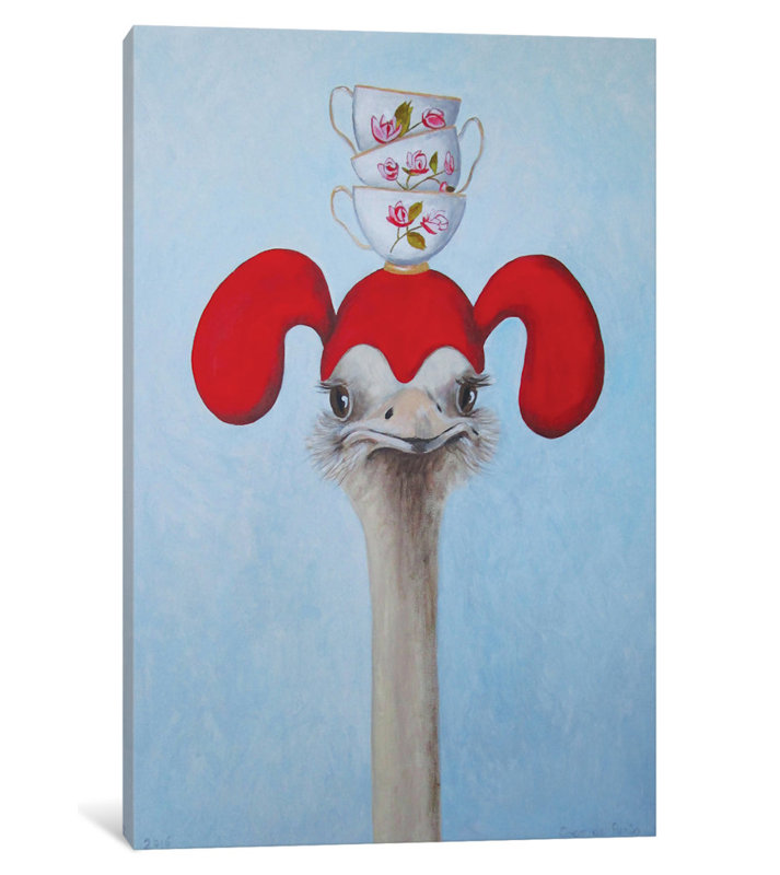 East Urban Home Ostrich With Stacked Teacups Painting Print On