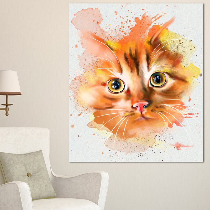 Designart Lovely Red Watercolor Cat Painting Print On Wrapped