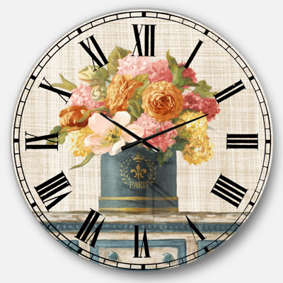 Tulips in Teal and Gold Hatbox on Linen - Cabin Wall Clock