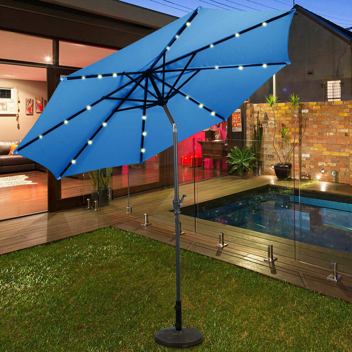 Freeport Park 10 Ft Patio Solar Umbrella With Crank And Led Lights Blue Wayfair Ca