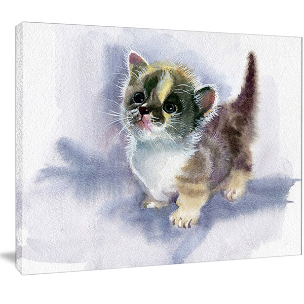 Designart Cute Kitten On Blue Watercolor Painting Print On