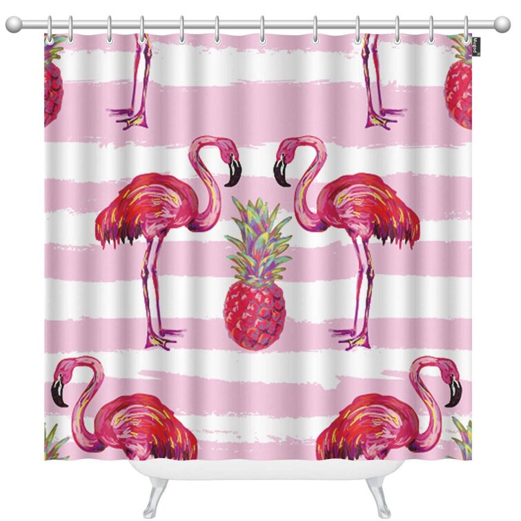 Tropical Flamingo Pattern Waterproof Fabric Shower Curtain Set Bathroom Hooks