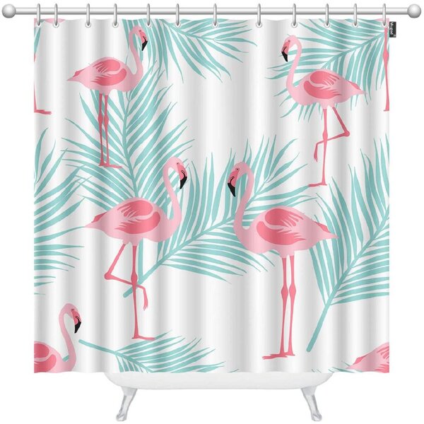 Pink Flamingo Exotic Birds Cactus Tropical Floral Fabric Shower Curtain Set 72"