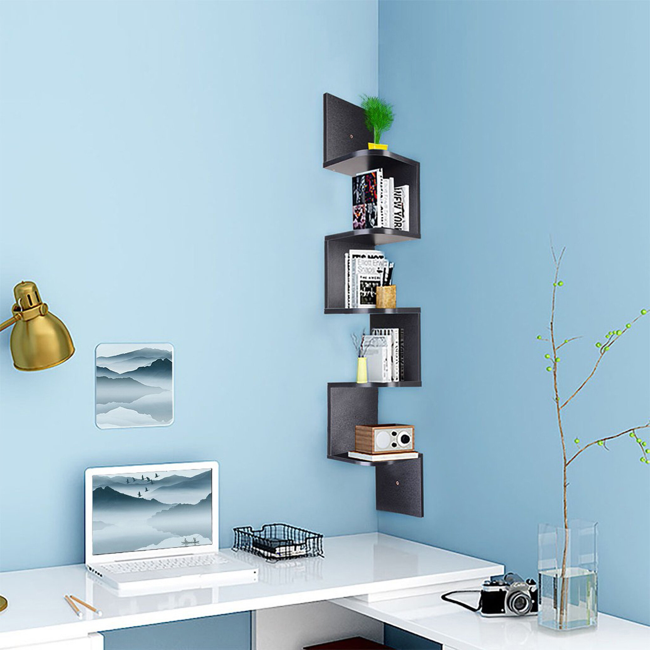 5 Tier Floating Corner Shelf Wall Shelves Storage Display Bookcase Furniture UK 
