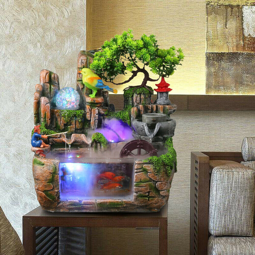 Indoor Water Fountain With LED Resin Rockery Waterfall Home Fengshui Ornaments 
