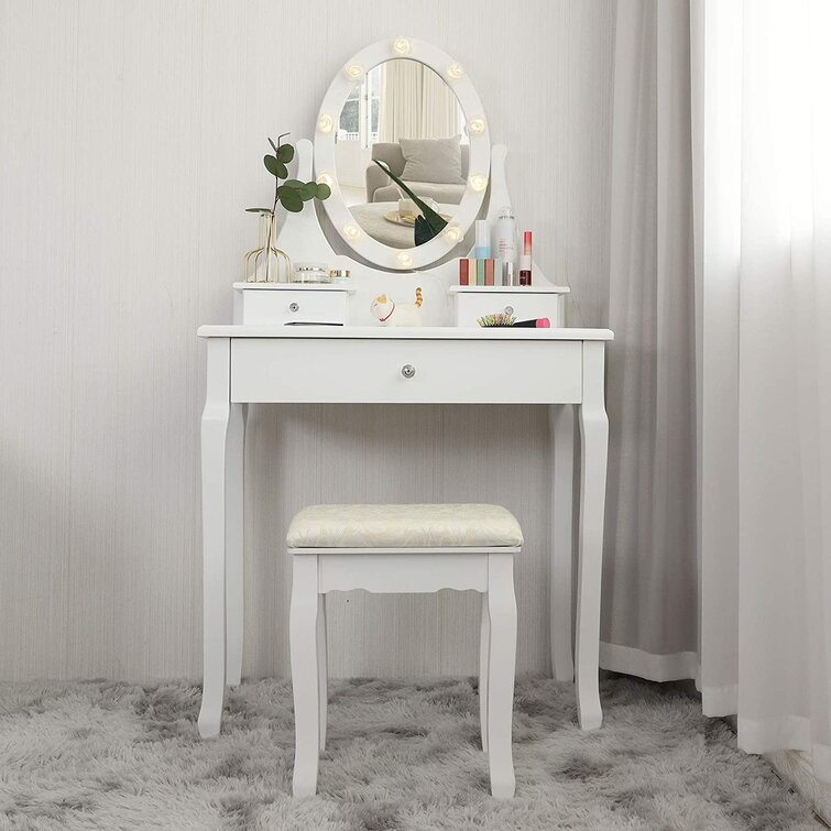 3 drawers Dressing Table Set with Stool Adjustable Oval Mirror and 3 Drawers Bedroom Makeup Table