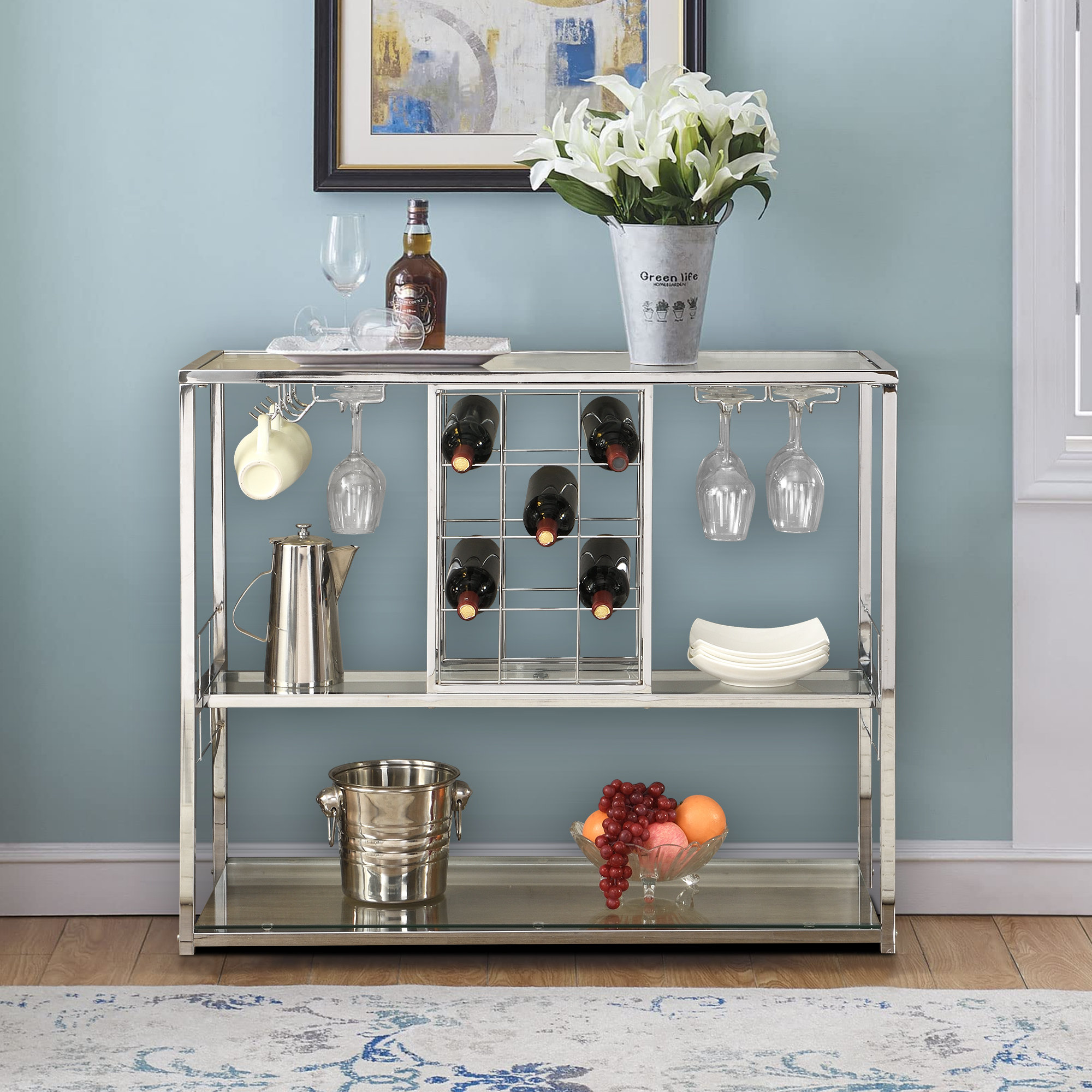 Wrought Studio Glass Wine Rack Table with Glass Holders&Wine Racks, 3