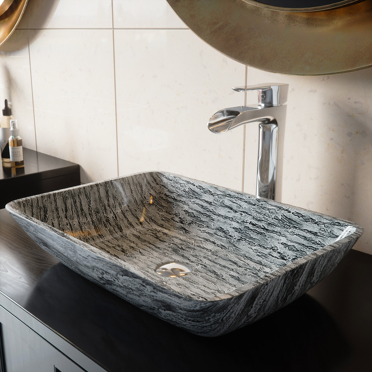 Titanium Glass Rectangular Vessel Bathroom Sink With Faucet