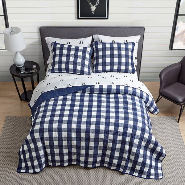 Blue Plaid Quilts Set Lightweight Summer Bedding Twin Size 3Pcs Modern Patchwork Bedspreads Reversible Stripe Coverlet Pillow Shams