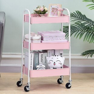 BEEY 3 Tiers Utility Cart with Tabletop and Hanging Cups Storage Cart for Library Office Home Bedroom Pink 