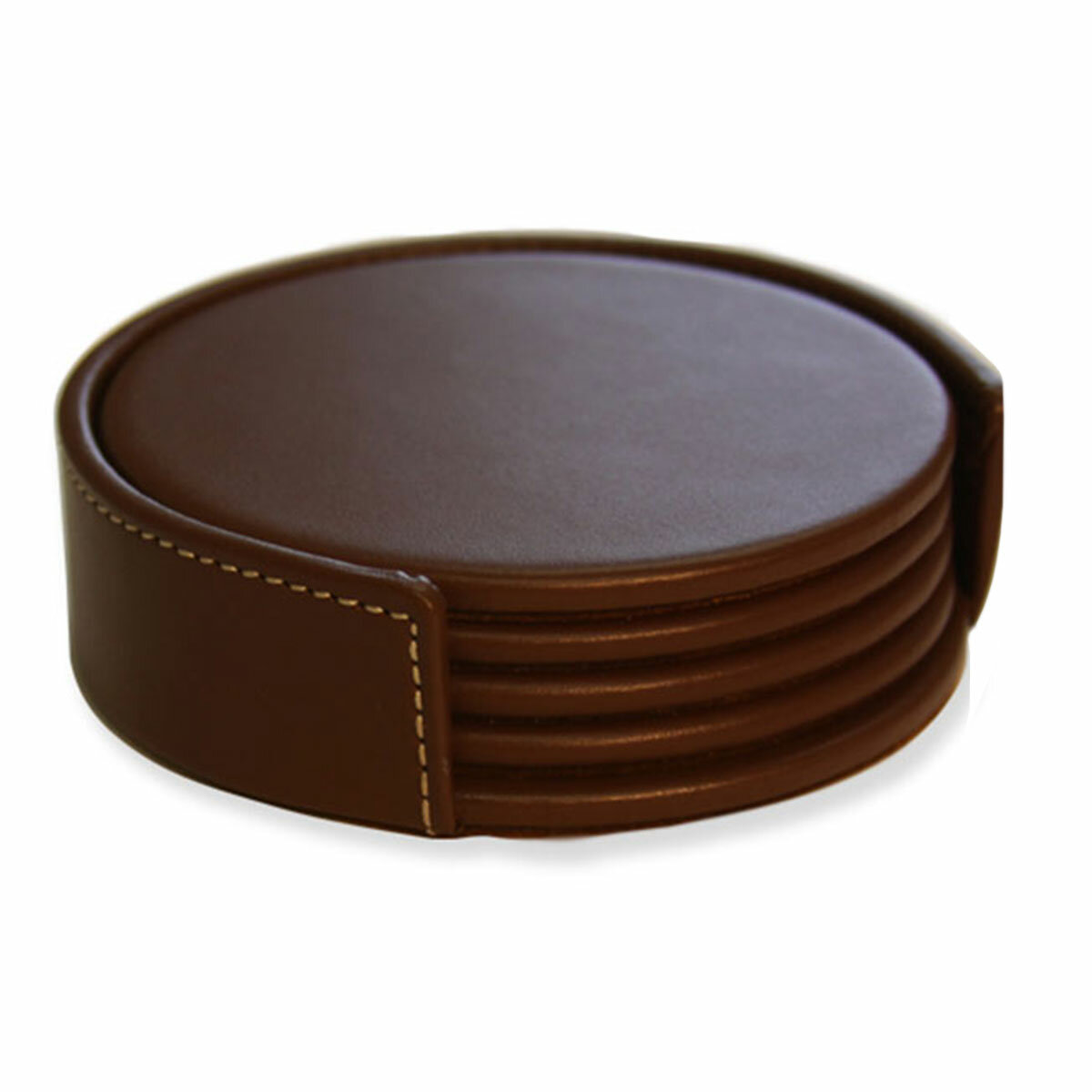 Graphic Image Chocolate Brown Genuine Leather 4 Round Coaster Set Dacasso A3481 