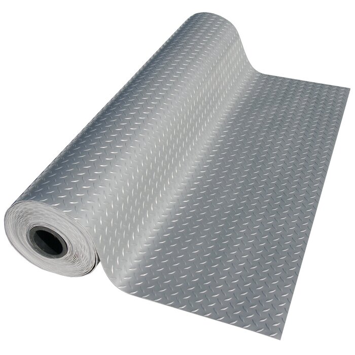 Metallic Diamond Plate Silver 4ft X 5ft Garage Flooring Roll In Silver