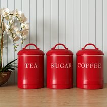 3PC STAINLESS STEEL Red CANISTER POT SET TEA COFFEE SUGAR KITCHEN BRAND 