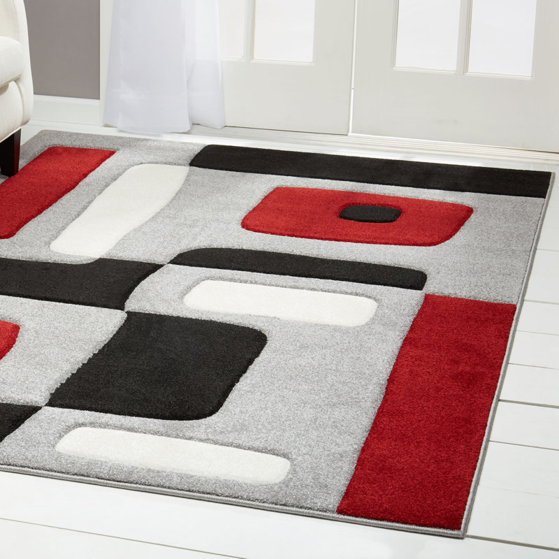 Ebern Designs Berner Abstract Gray White Black Red Area Rug