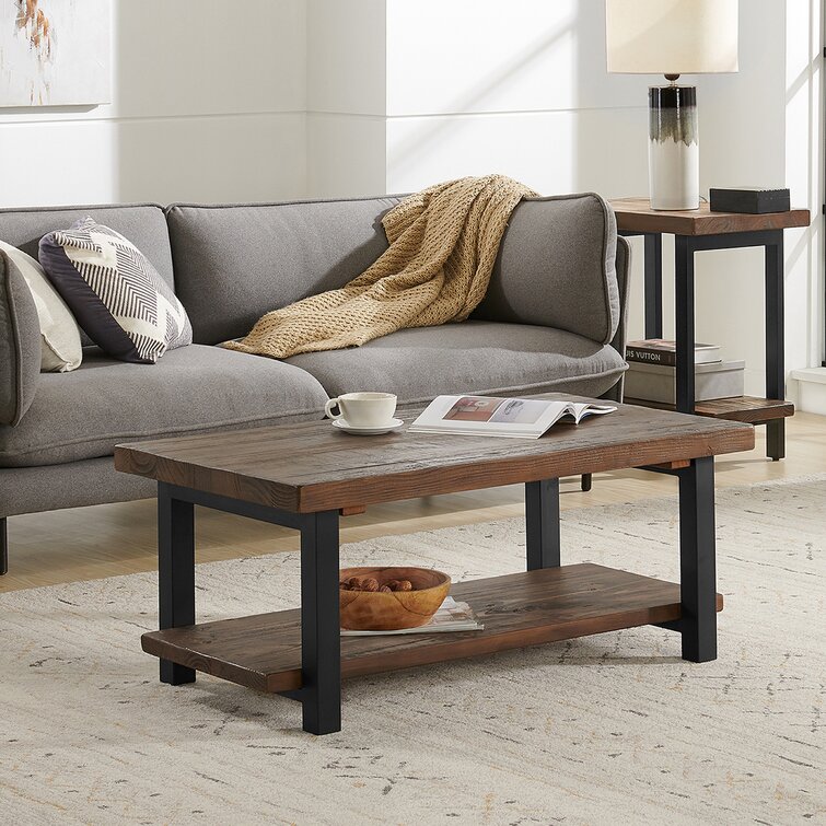 gray sofa with brown coffee table