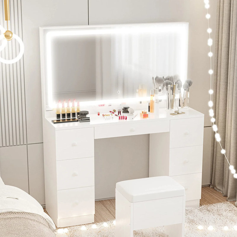 Makeup Vanity Desk with LED Lighted Mirror & Power Outlet & 7 Drawers Color: White