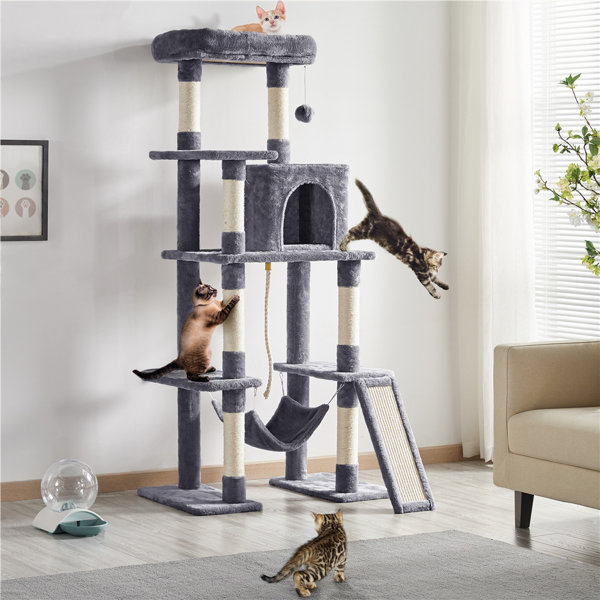 PawHut Cat Tree Tower Activity Center Climbing Frame with Jute Scratching Posts Ladder Dangling Ball Toy Perch Condo Soft Sofa Cover Grey