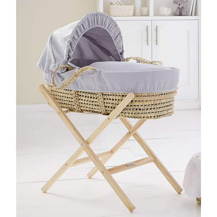 Hypoallergenic Mattress and Detachable Hood Natural Hand-Woven Palm Waffle Palm Moses Basket Clair de Lune With Soft Cotton Bedding Blue 