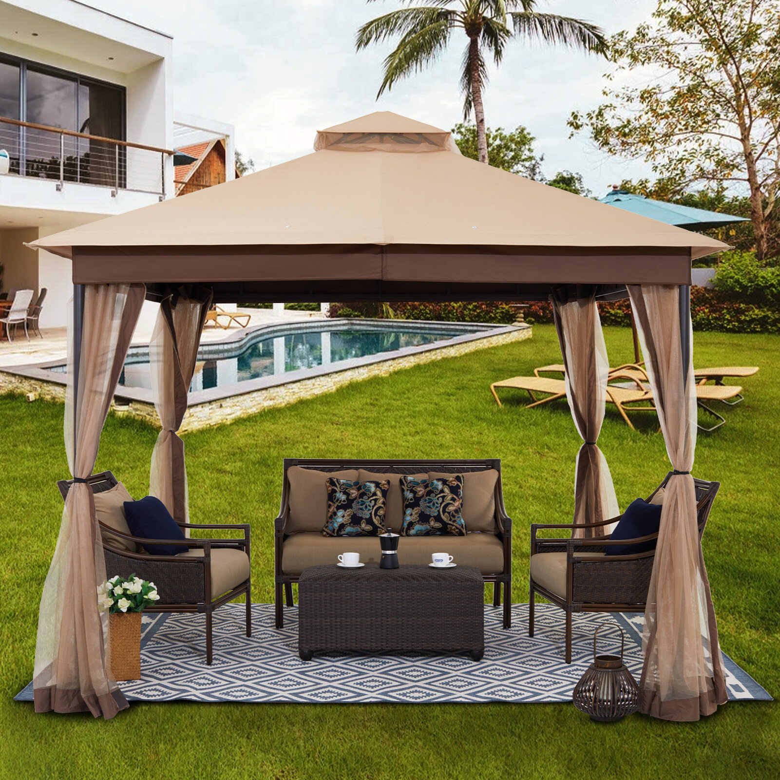 Khaki Outdoor Gazebo Canopy with Mesh Netting Patio Gazebo Tent Outside for Backyard StarEcho 10 x 10 Gazebos for Patios 