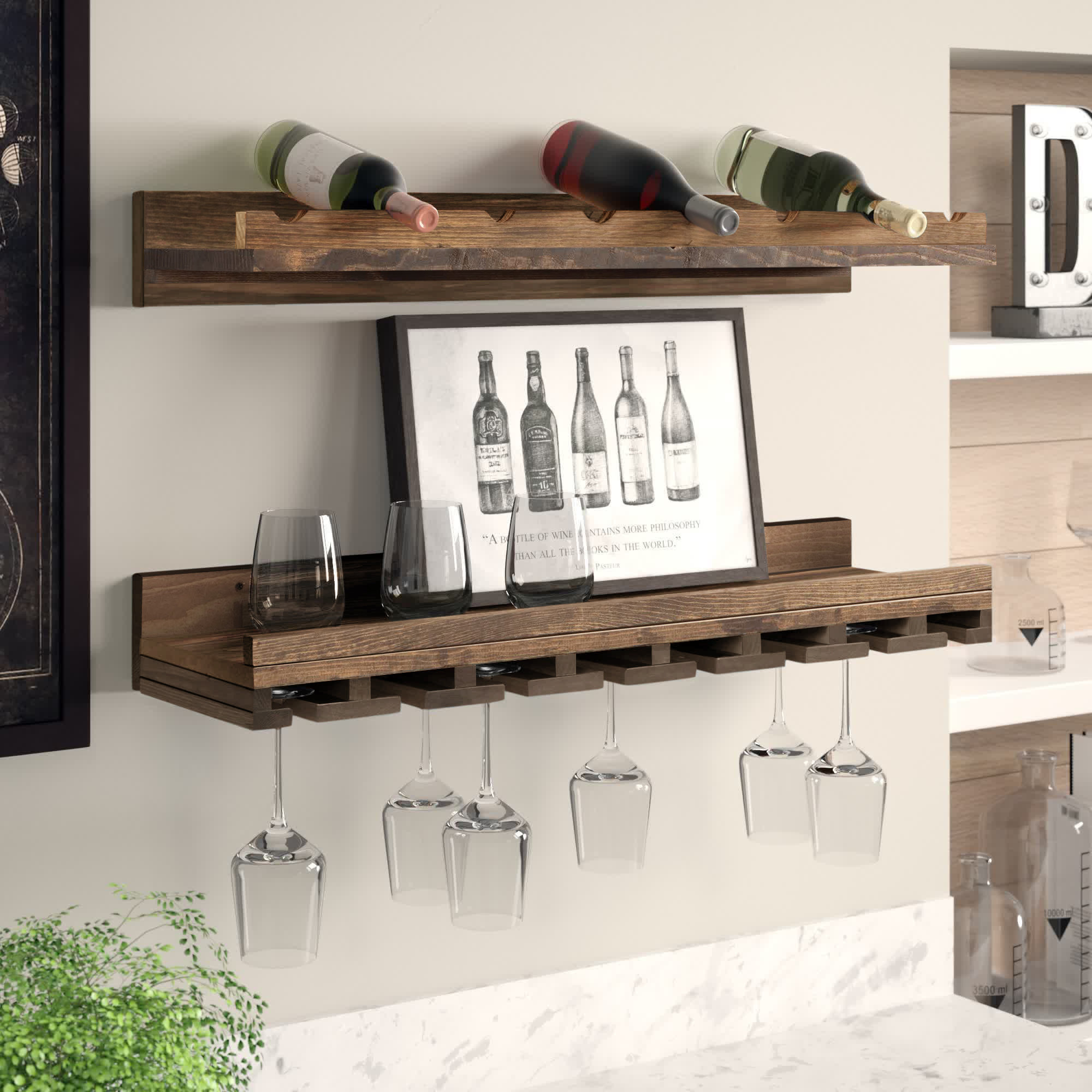 Kitchen Dining 2 Tier Wood Wall Mounted Stackable Wine Racks Wine Storage Holder for Bar Wine Rack Wall with Metal Frame 