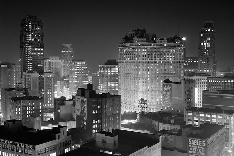 East Urban Home 1954 Night Skyline Retail Business Area Detroit Michigan Usa Photographic Print On Wrapped Canvas Wayfair